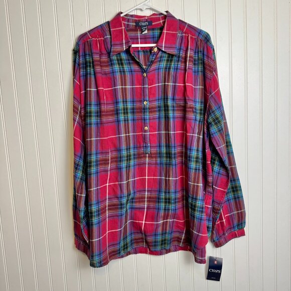 Chaps NWT Cotton Plaid Long Sleeve Button Front Blouse M37 - Picture 1 of 5